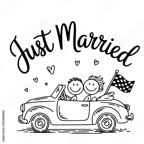 vintage style just married car with bride and groom driving away, decorated with cans, flowers and love signs