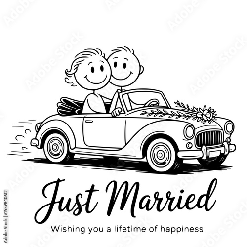 just married couple driving away in romantic wedding car celebrating love and new beginnings