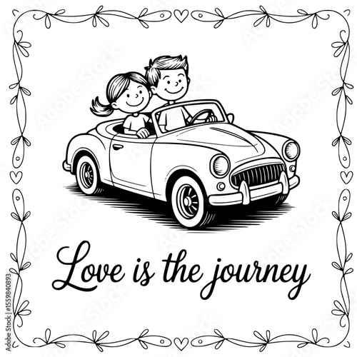 love is the journey wedding car illustration with romantic bride and groom driving away in floral decorated vehicle