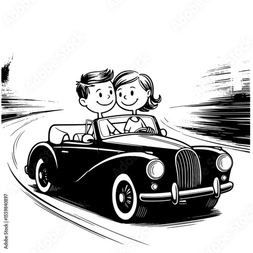 romantic just married wedding car illustration with bride and groom driving away in floral decorated vehicle