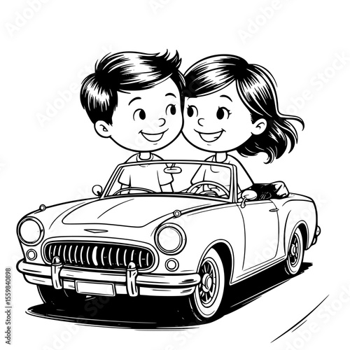 romantic just married wedding car illustration with bride and groom driving away in floral decorated vehicle
