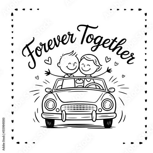 just married car, forever together banner, forever always sign, romantic wedding car, newlywed car decoration, just married banner, wedding car clipart, love forever couple, bride groom car ride, coup