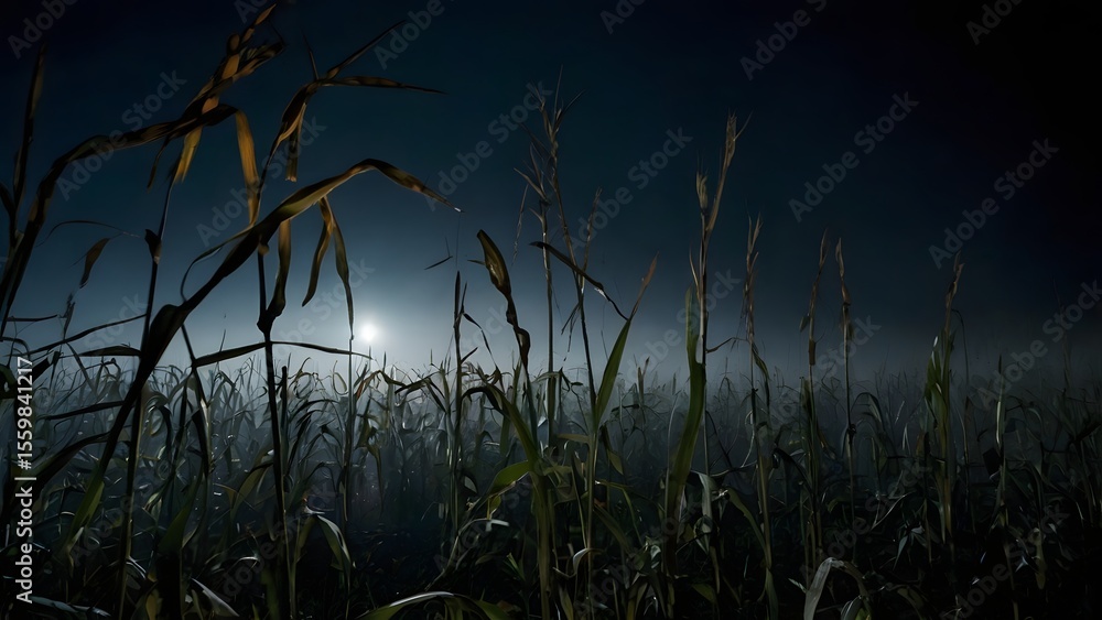 Obraz premium A tense, atmospheric photo taken from deep within a cornfield at night, filled with a thick, rolling ground fog. 