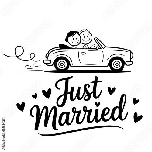 romantic just married couple driving away in wedding car with heart balloons and cans – perfect honeymoon getaway illustration