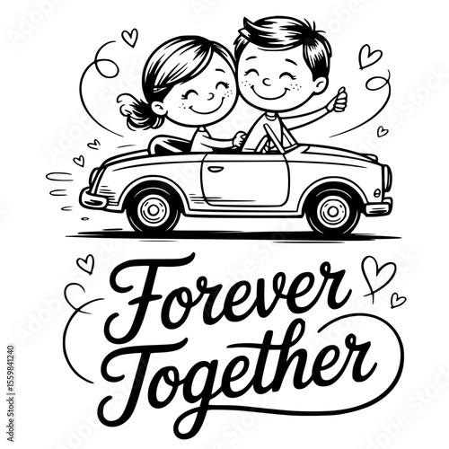 romantic just married couple driving away in wedding car with heart balloons and cans – perfect honeymoon getaway illustration