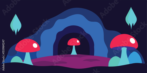 Enchanted Mushroom Cave A Fantasy Illustration of Glowing Fungi and Mysterious Grotto