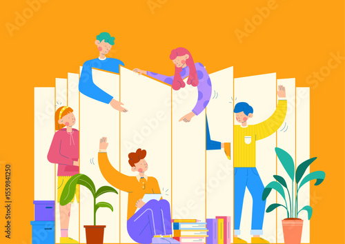Creative education and storytelling concept – open book with diverse characters and greenery