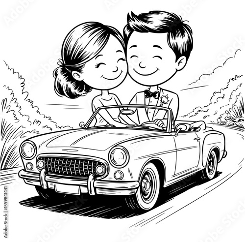 romantic just married couple driving away in wedding car with heart balloons and cans – perfect honeymoon getaway illustration