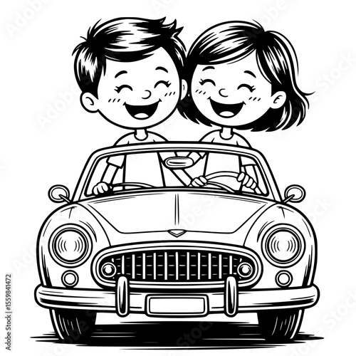romantic just married couple driving away in wedding car with heart balloons and cans – perfect honeymoon getaway illustration