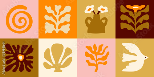 Vector shapes  in simple floral wavy and groovy naive style, ocean and vacation theme,  flowers and plants, floral botanic hand drawn design templates, modern art prints, surface design