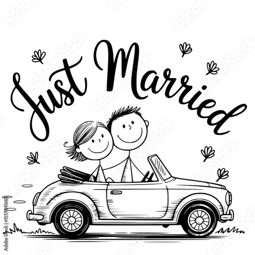 just married open top convertible car with romantic wedding decorations and joyful newlywed ride