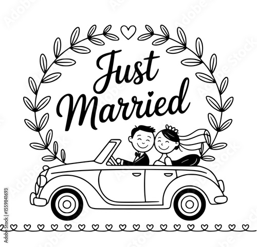 Just married couple driving away in floral decorated wedding car — romantic vector illustration for newlyweds, wedding clipart, and love celebration designs