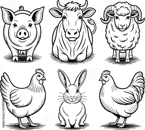 A collection of six farm animals illustrated in black and white line art style on a white background