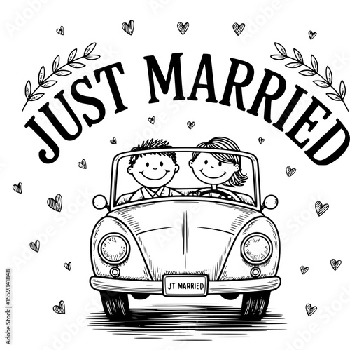 Just married couple driving away in floral decorated wedding car — romantic vector illustration for newlyweds, wedding clipart, and love celebration designs