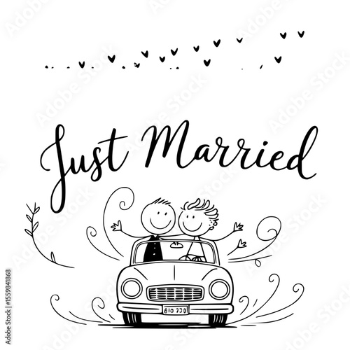 romantic just married car illustration with floral decorations and happy newlywed getaway scene