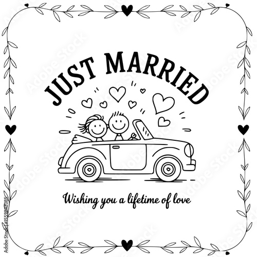 just married couple driving away on their romantic wedding car getaway