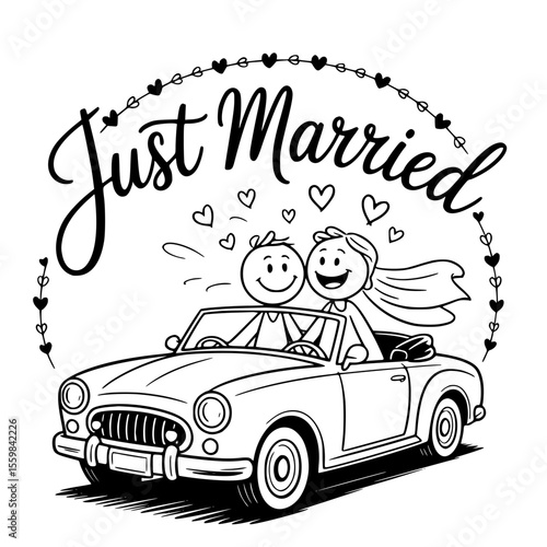 Just married couple driving away in floral decorated wedding car — romantic vector illustration for newlyweds, wedding clipart, and love celebration designs