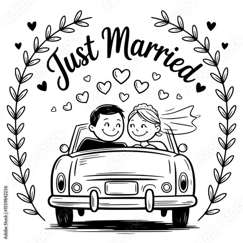 Just married couple driving away in floral decorated wedding car — romantic vector illustration for newlyweds, wedding clipart, and love celebration designs