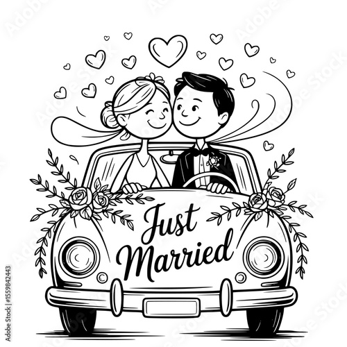 Elegant wedding car decorated with flowers and just married sign — perfect for romantic vector illustrations, newlywed designs, and bridal celebration clipart