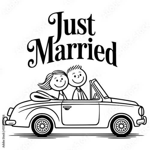 Just married couple in floral decorated wedding car — romantic vector illustration perfect for newlywed celebration, wedding clipart, and love-themed designs