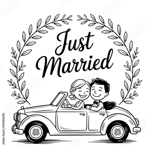 Just married car decorated with flowers and banner — perfect romantic wedding vector illustration, newlywed celebration clipart, and love-themed design