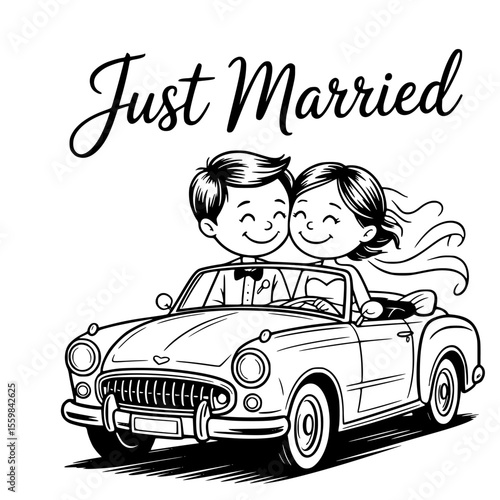 Just married car decorated with flowers and banner — perfect romantic wedding vector illustration, newlywed celebration clipart, and love-themed design