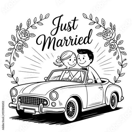 Just married car decorated with flowers and banner — perfect romantic wedding vector illustration, newlywed celebration clipart, and love-themed design