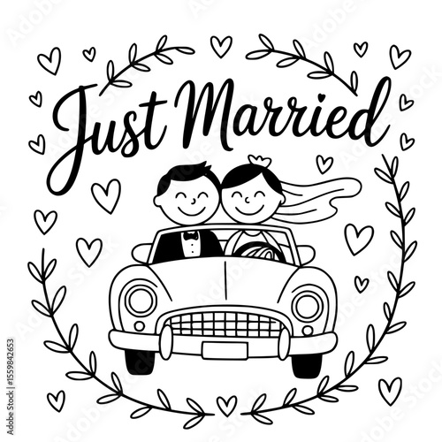 Just married car decorated with flowers and banner — perfect romantic wedding vector illustration, newlywed celebration clipart, and love-themed design