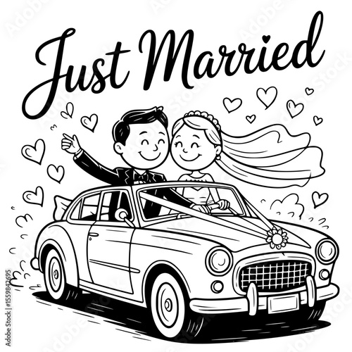 Just married car decorated with flowers and banner — perfect romantic wedding vector illustration, newlywed celebration clipart, and love-themed design