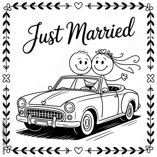Just married car with romantic floral wreath and vintage decorations — perfect for elegant wedding clipart, love-themed vector illustrations, and newlywed celebration designs.