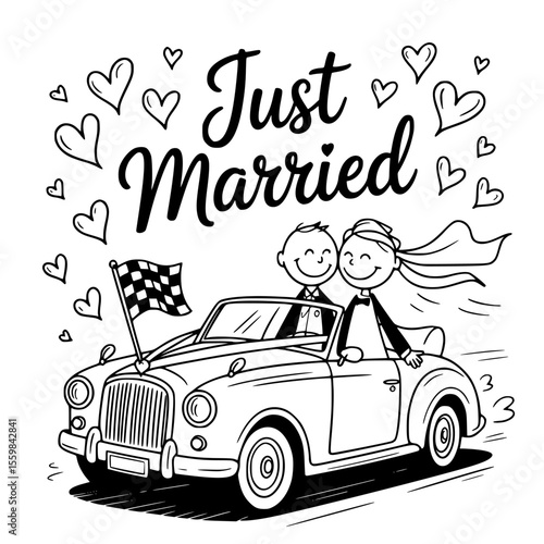 Whimsical just married car with heart bubbles and floral decorations — perfect for playful wedding vector illustrations, romantic clipart, and cheerful newlywed scenes