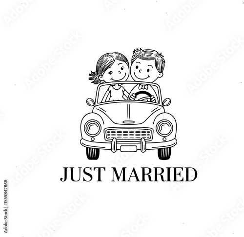Just married bride and groom driving away in a decorated wedding car with flowers and banner — perfect for romantic vector illustrations, wedding clipart, and love-themed designs