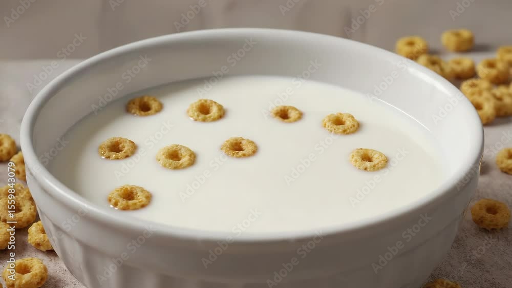 Breakfast Delight: Milk Pouring Over Cereal in White Bowl Breakfast Delight: Milk Pouring Over Cereal in White Bowl