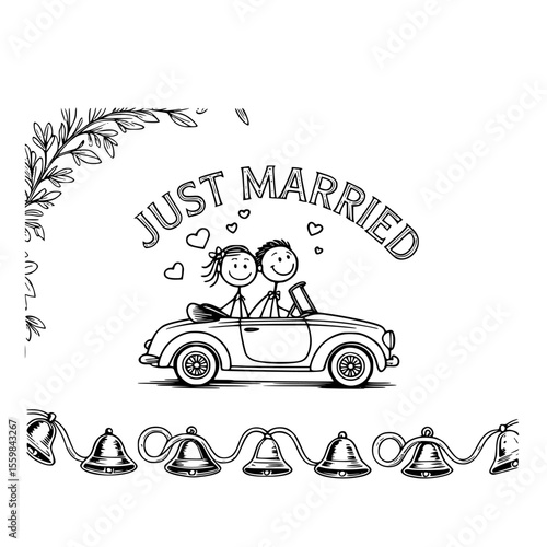 Just married couple driving away in a romantic decorated car with flowers, hearts, and a love banner – perfect for wedding invitations, clipart, and celebration vector designs