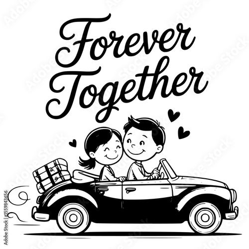 Romantic couple on a car trip illustration, love journey on the road together, hand-drawn sweethearts traveling in a scenic drive, perfect for wedding, honeymoon, or Valentine’s designs.