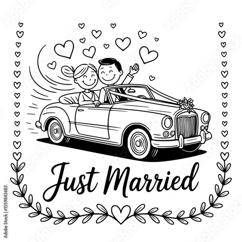 Just married couple driving away in a decorated wedding car, romantic getaway moment with floral details, perfect vector illustration for weddings, love stories, and celebration designs.