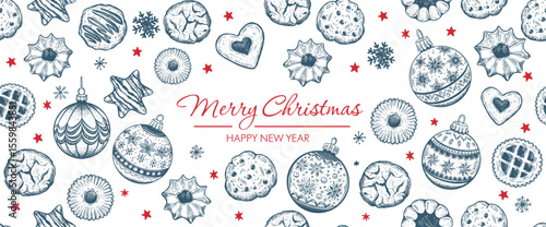 Cookie and Christmas ball pattern on white, hand drawn illustration.	
