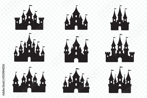 black castle silhouette vector set for medieval fantasy and fairytale design projects