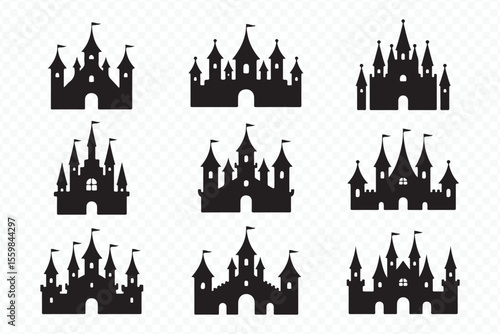 nine unique castle silhouettes clipart vector for logo branding illustration design