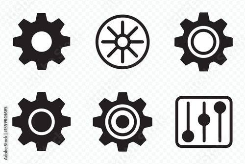 set of six black and white gear and slider settings icons for mechanical engineering and digital interface design
