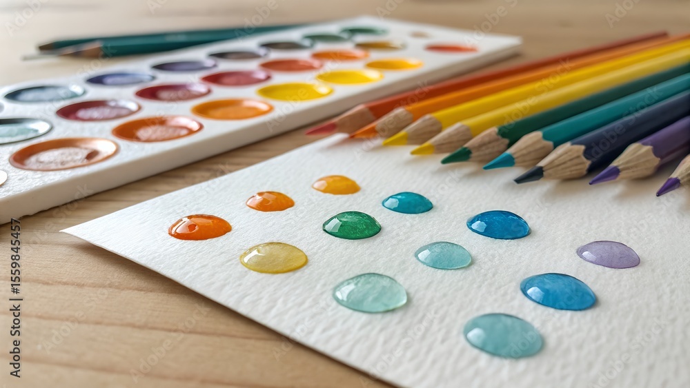Naklejka premium Vibrant Watercolor Art Supplies: Paint Palette, Colored Pencils, and Colorful Water Drops on Paper