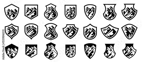 Abstract mountain shield logo design set . vector