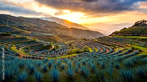 Lush agave fields under a vibrant sunset, showcasing terraced landscapes and distant mountains