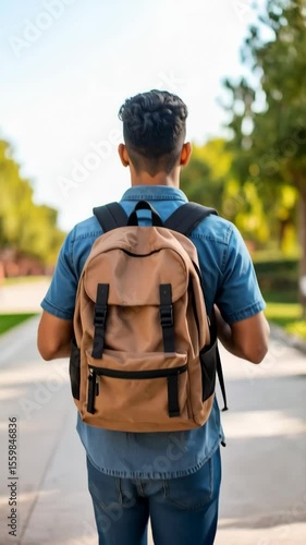 Anonymous young man wearing a backpack walking on a park path in a blue denim shirt in the bright sunlight