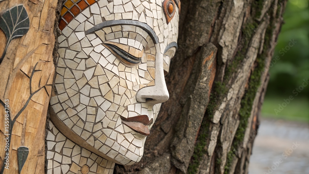 Obraz premium Artistic Mosaic Face Sculpture on Tree Trunk