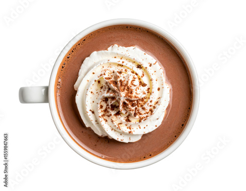 A delightful top-down view of a rich hot chocolate topped with fluffy whipped cream and a sprinkle of cocoa powder.