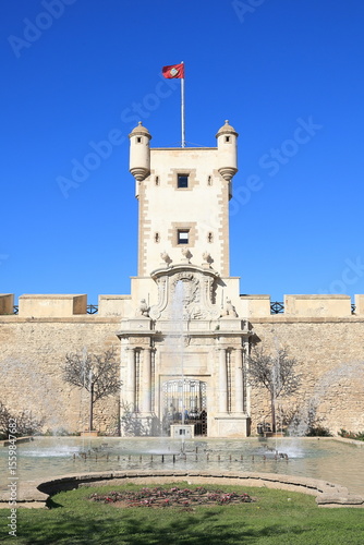 Puertas de Tierra as viewed from the Plaza De La Constitucion in the Spanish city of Cadiz.  Puertas de Tierra is the city's historic protective fortification.