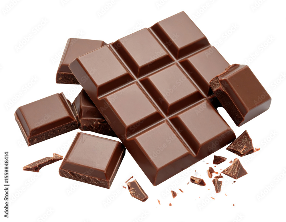 A delicious top-down view of a dark chocolate bar, broken into tempting pieces with scattered shavings, evokes richness, indulgence, and sweet pleasure. A delicious top-down view of a dark chocolate bar, broken into tempting pieces with scattered shavings, evokes richness, indulgence, and sweet pleasure.