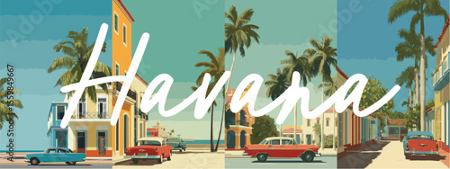 Cuba vintage style travel poster set. Collection of scenic art deco retro tourism illustrations