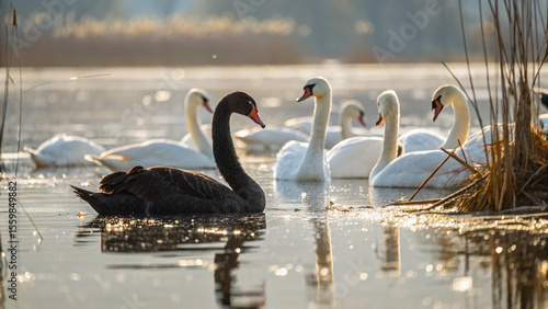 Fototapeta Naklejka Na Ścianę i Meble -  Black swan resting near shore beside a group of white swans - Leadership and differentiation